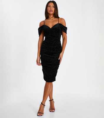 QUIZ Black Velvet Glitter Midi Dress