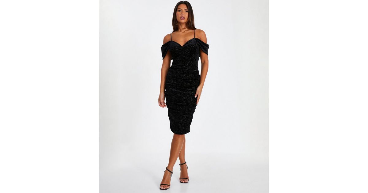 QUIZ Black Velvet Glitter Midi Dress New Look