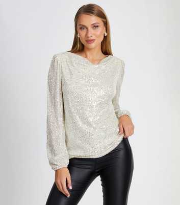 QUIZ Off White Cowl Neck Sequinned Top