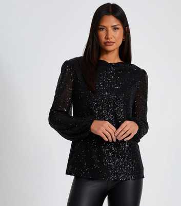 QUIZ Black Sequin Boxy Top 