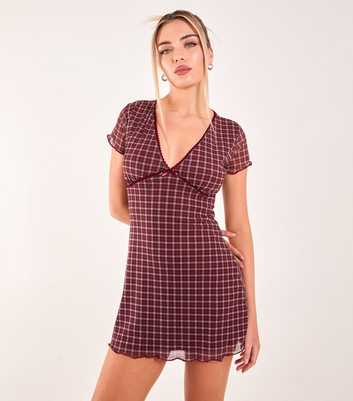 Pink Vanilla Burgundy Check Chiffon Mini Dress