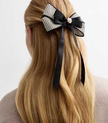 Black Check Faux Pearl Embellished Bow Hair Slide