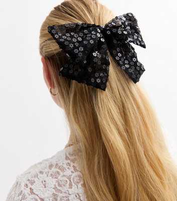 Black Sequin Embellished Mesh Bow Hair Slide