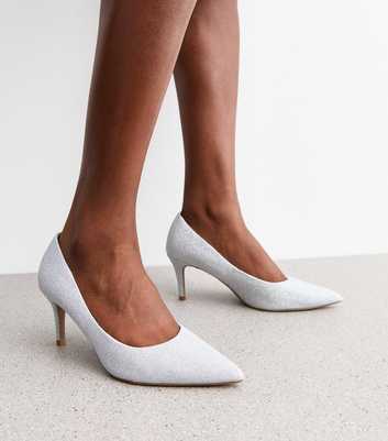 Silver Shimmer Effect Pointed Toe Court Shoes