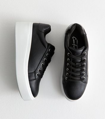 Black Faux Leather Wedge Trainers