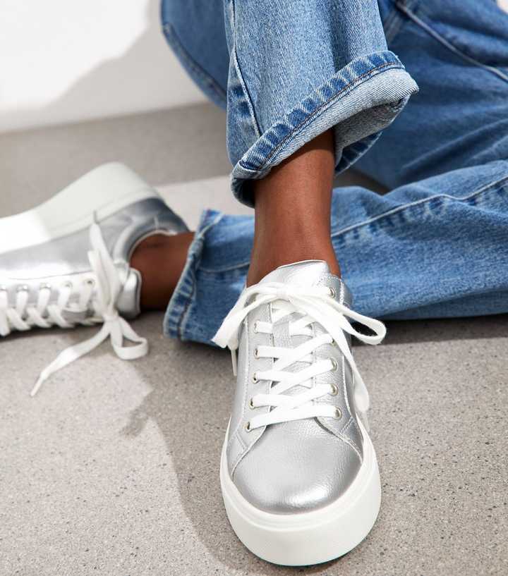 Silver Faux Leather Wedge Trainers