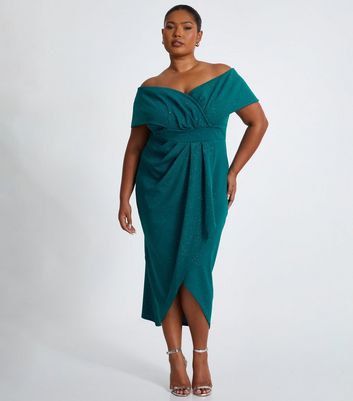 QUIZ Curves Green Bardot Midi Dress New Look