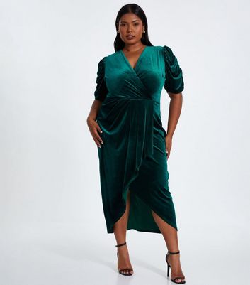 QUIZ Curves Dark Green Draped Velvet Midi Dress New Look