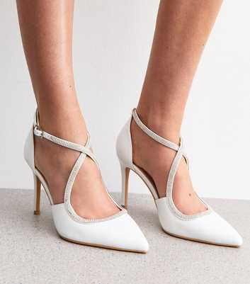 Wide Fit White Faux Leather Diamante Embellished Open Court Shoes