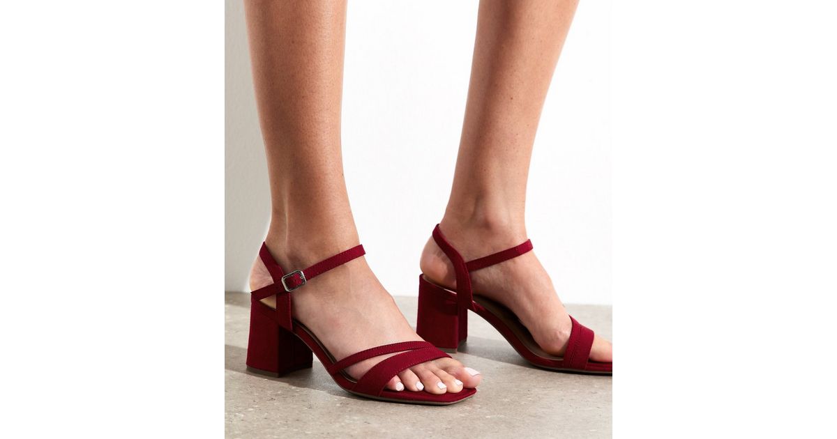 Wide Fit Light Burgundy Faux Suede Asymmetric Strap Sandals New Look