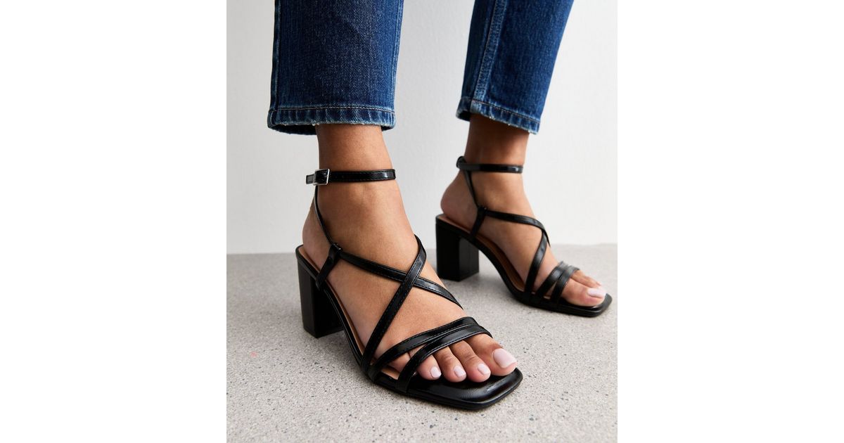 Black Faux Leather Block Heel Multi Strap Sandals | New Look