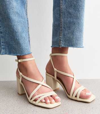 Off White Faux Leather Block Heel Multi Strap Sandals