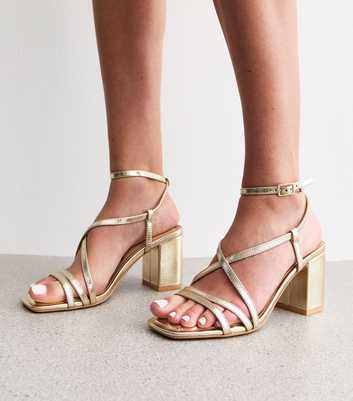 Gold Faux Leather Block Heel Multi Strap Sandals