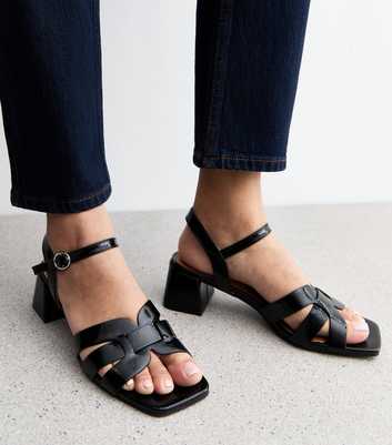 Black Woven Strap Faux Leather Heeled Sandals