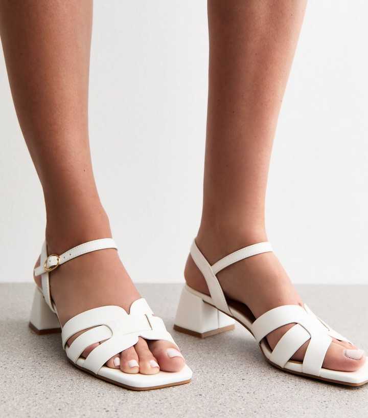 White Woven Strap Heeled Faux Leather Sandals