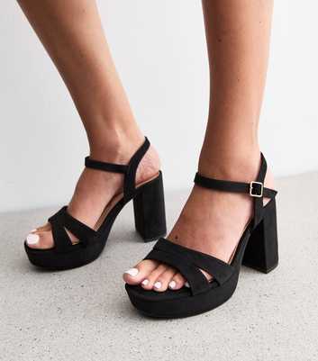 Extra Wide Fit Black Faux Suede Heeled Platform Sandals