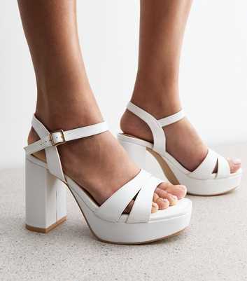 Extra Wide Fit White Faux Leather Double Strap Platform Sandals