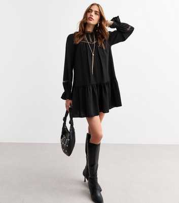 Black Lace Insert Mini Smock Dress