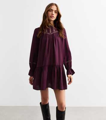 Burgundy Lace Insert Mini Smock Dress