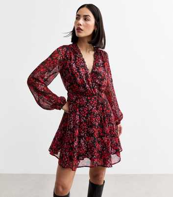 Red Floral Print Chiffon Mini Wrap Dress