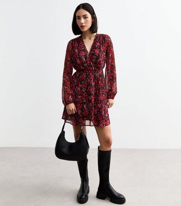 Red Floral Print Chiffon Mini Wrap Dress New Look