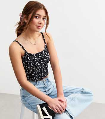 Girls Black Floral Print Ruched Cropped Cami Top