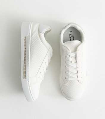 White Faux Leather Diamanté Trim Trainers