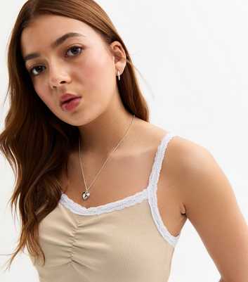 Girls Camel Lace Trim Ribbed Crop Cami Top