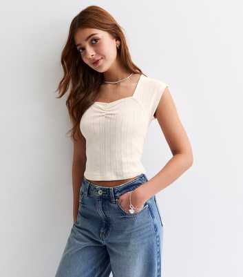 Girls Off White Pointelle Ruched Cropped Top