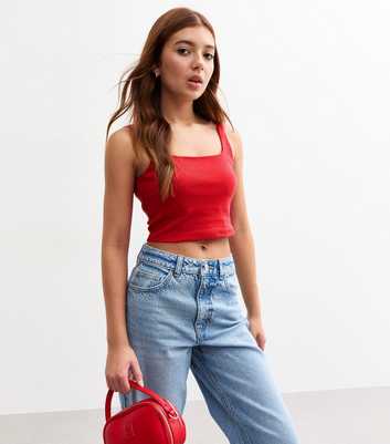 Girls Red Square Neck Cropped Cami Top 