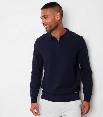 Threadbare Navy Quarter Zip Knit Polo Jumper