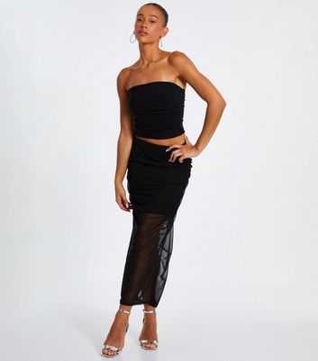 QUIZ Black Mesh Ruched Maxi Skirt New Look