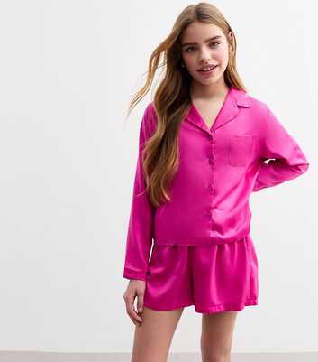 Girls Bright Pink Satin Short Pyjama Set