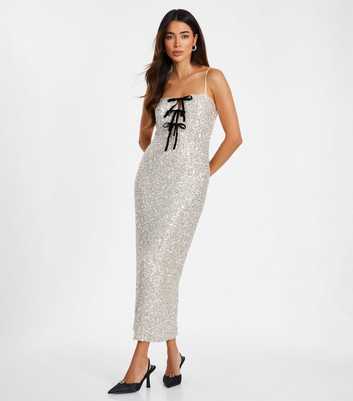 QUIZ Silver Bow Sequin Midaxi Dress