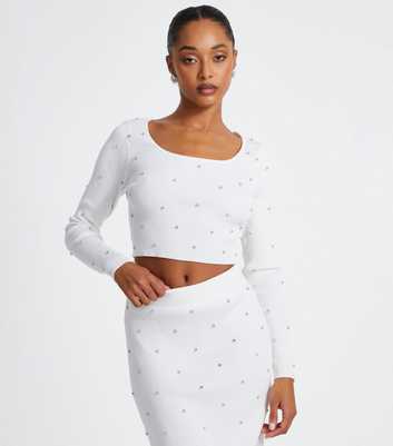 QUIZ White Knit Diamanté Crop Top 