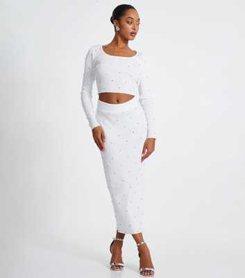 QUIZ White Knit Diamanté Midi Skirt 