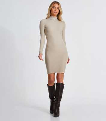 QUIZ Stone Diamanté Neck Long Sleeve Ribbed Jumper Dresss