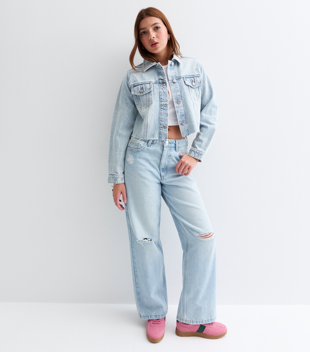 Girls' Light Blue Wide Leg Ripped Jeans New Look