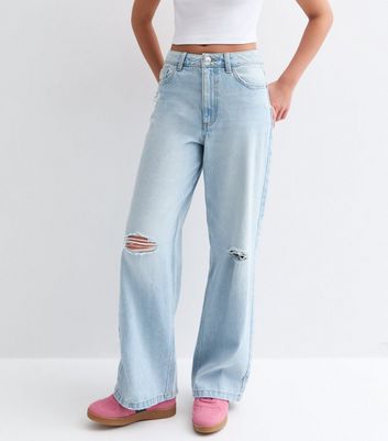 Girls Light Blue Wide Leg Ripped Jeans New Look
