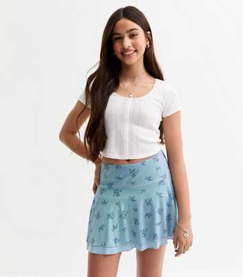 Girls Blue Mesh Floral Print Two Tier Mini Skirt