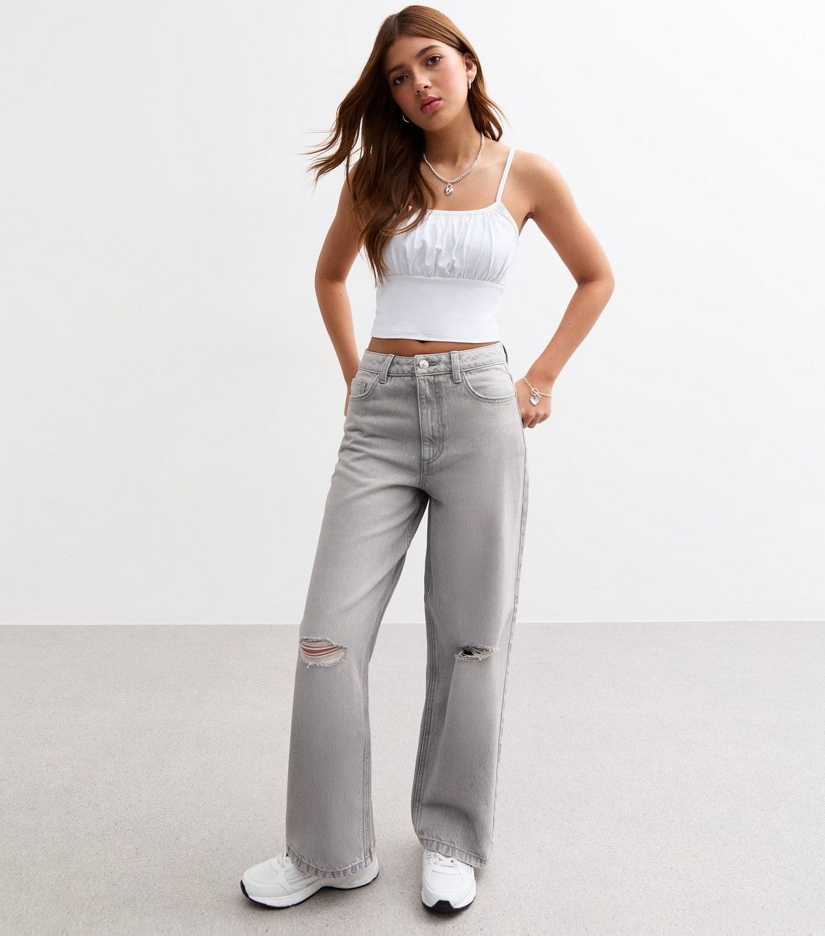 Girls' Grey Cleo Wide Leg Jeans New Look