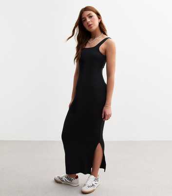 Girls Black Square Neck Slit Hem Maxi Dress