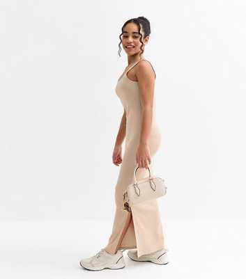 Girls Camel Square Neck Slit Hem Maxi Dress