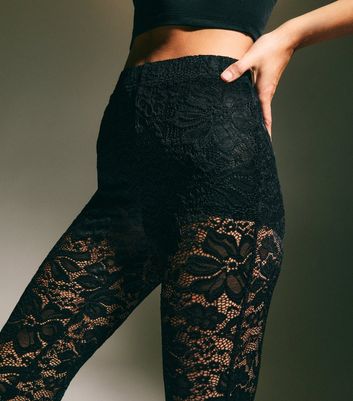Black Floral Lace Sheer Flared Trousers