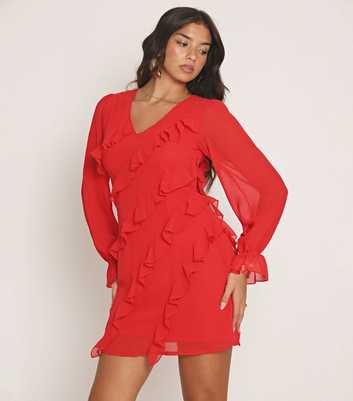 WKNDGIRL Red Ruffle Chiffon Mini Dress