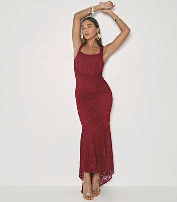 WKNDGIRL Red Lace Drape Maxi Dress