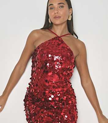 WKNDGIRL Red Sequin Halter Mini Dress