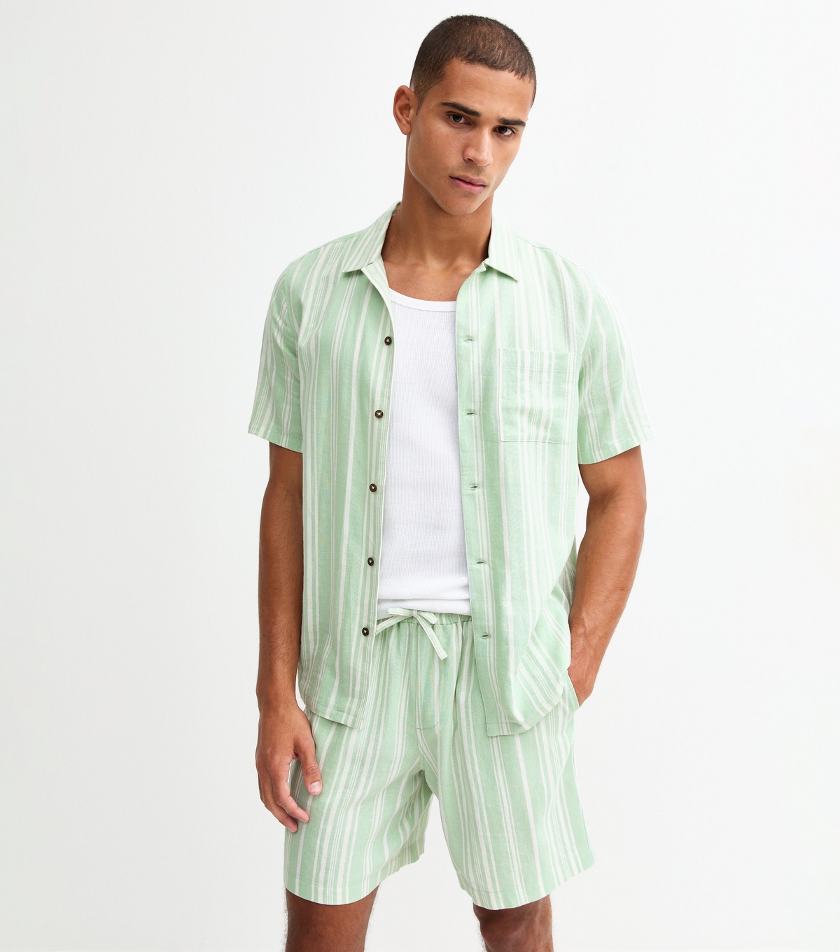 Men's Green Regular Striped Flat Collar Linen Blend Shirt New Look