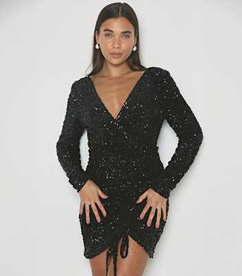 WKNDGIRL Black Sequin Wrap Mini Dress