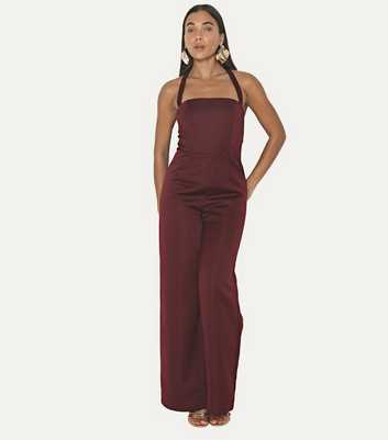 WKNDGIRL Burgundy Satin Halterneck Jumpsuit